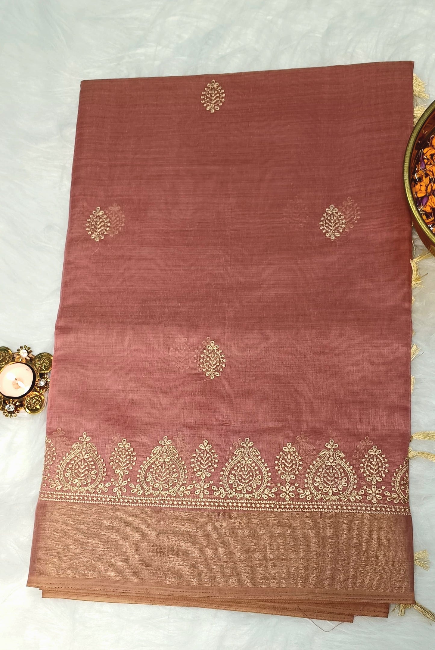 Rosewood Pink Cotton Saree with Zari & Embroidery