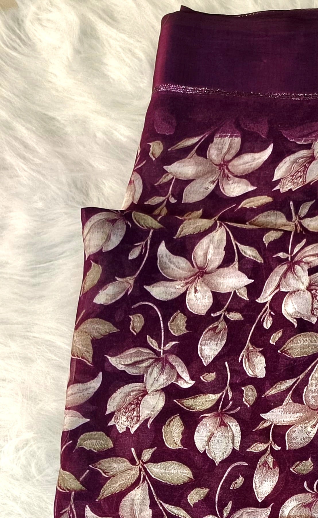 Plum Purple Floral Printed Soft Silk Saree with Satin Border