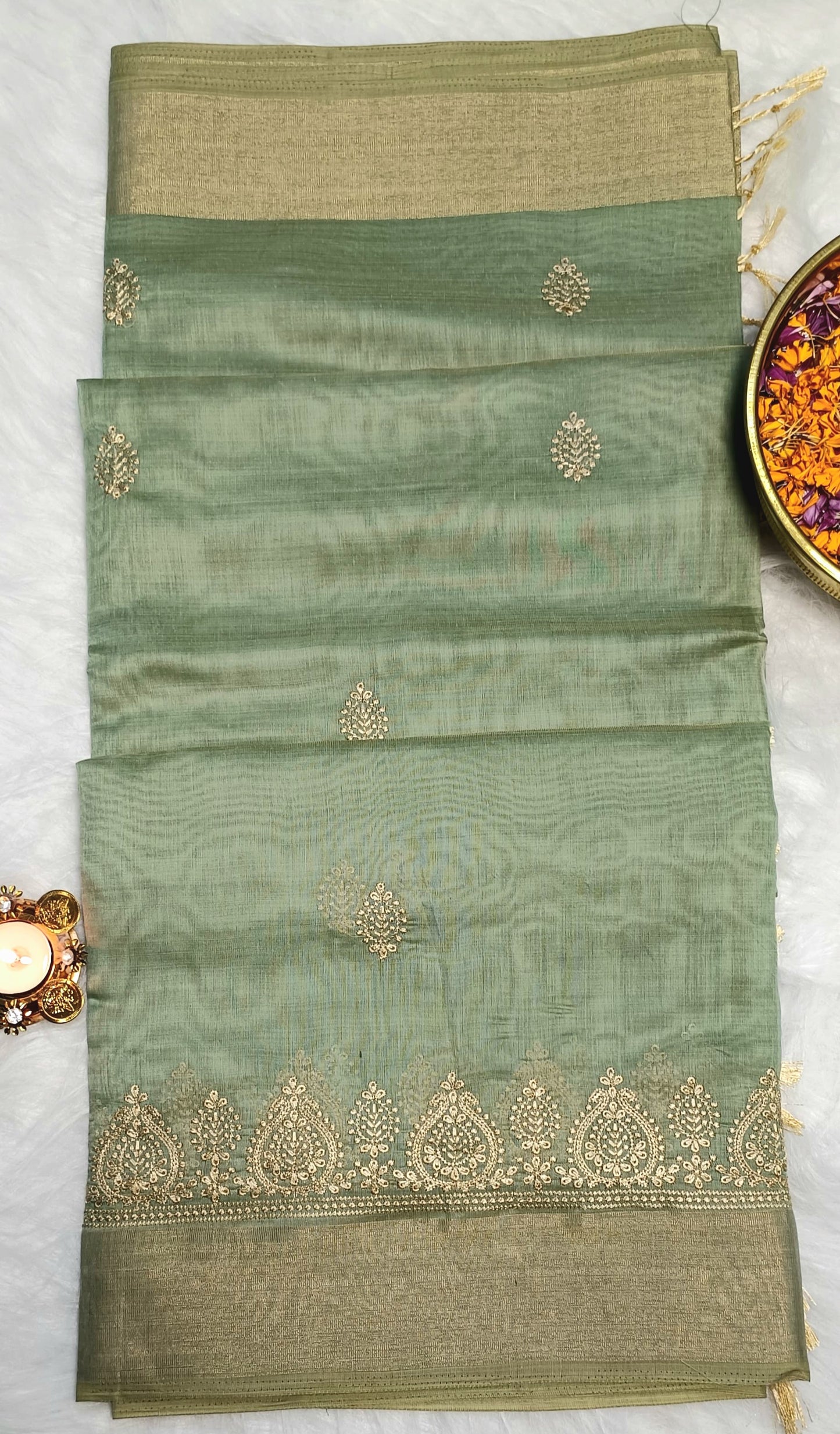 Pista Green Soft Cotton Saree with Golden Embroidery & Zari Border
