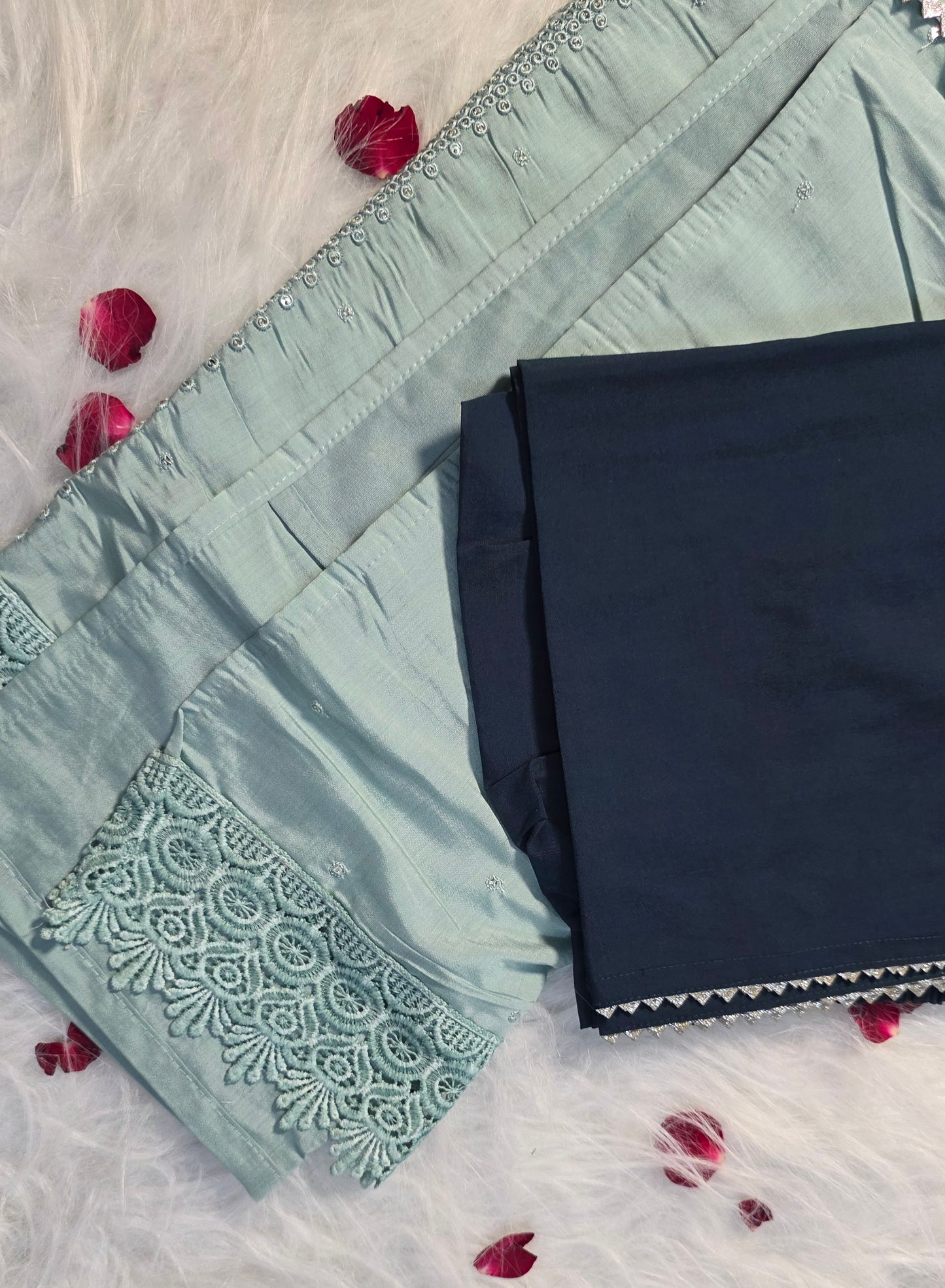 Elegant Sky Blue Embroidered Suit Set