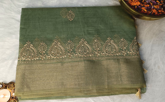Pista Green Soft Cotton Saree with Golden Embroidery & Zari Border