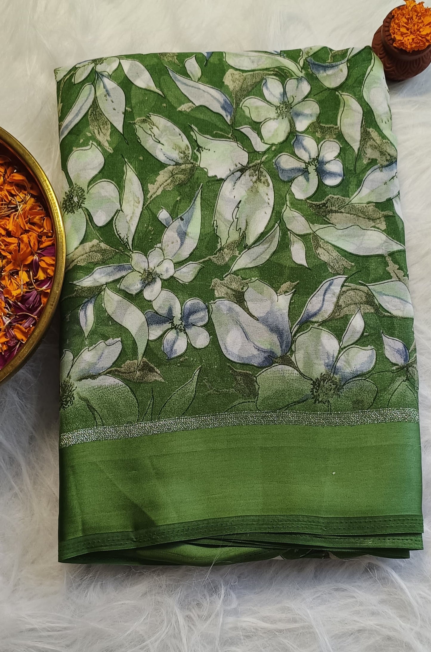Emerald Bloom Soft Silk Printed Saree with Blouse