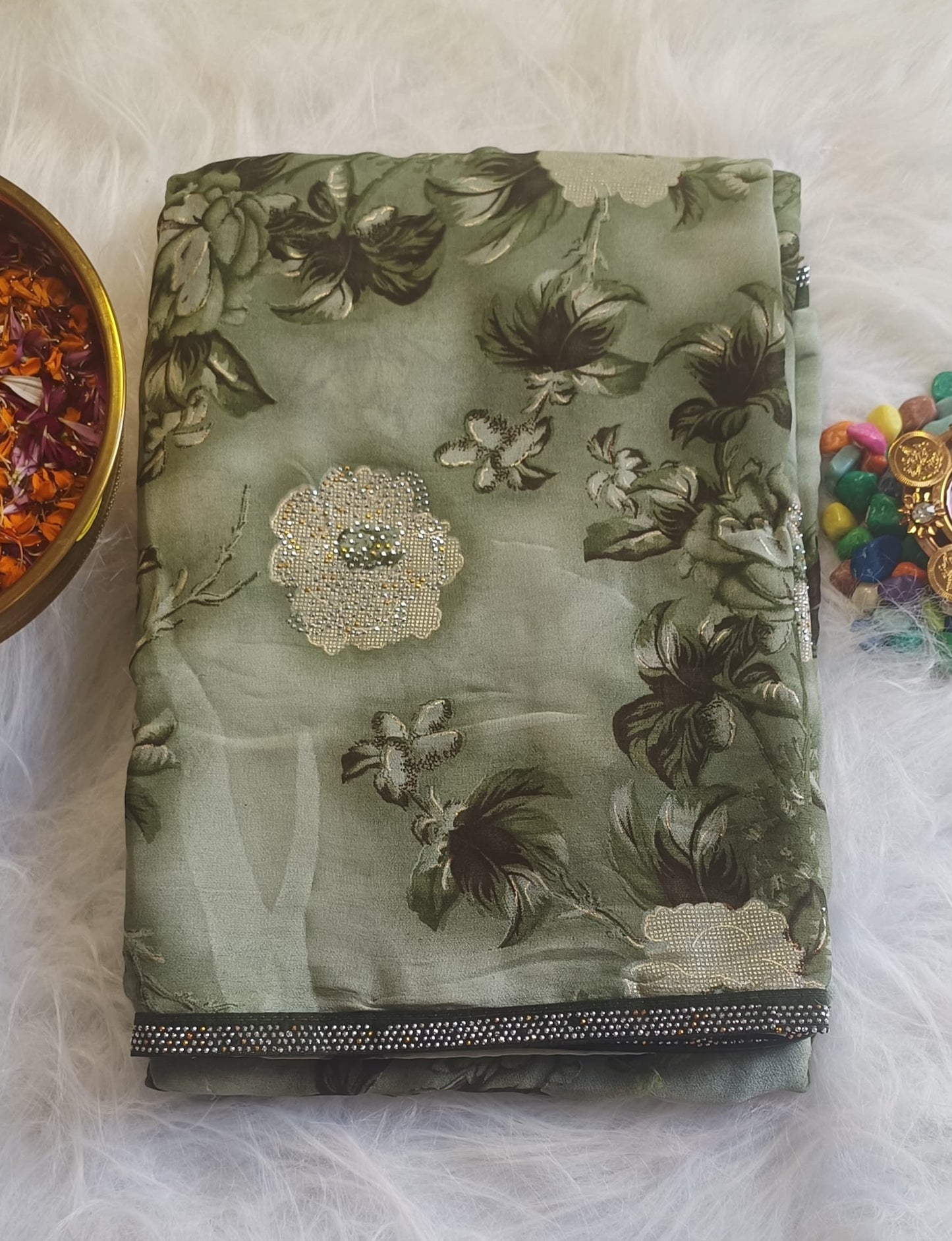 Sage Green Floral Printed Silk Saree with Crystal Border