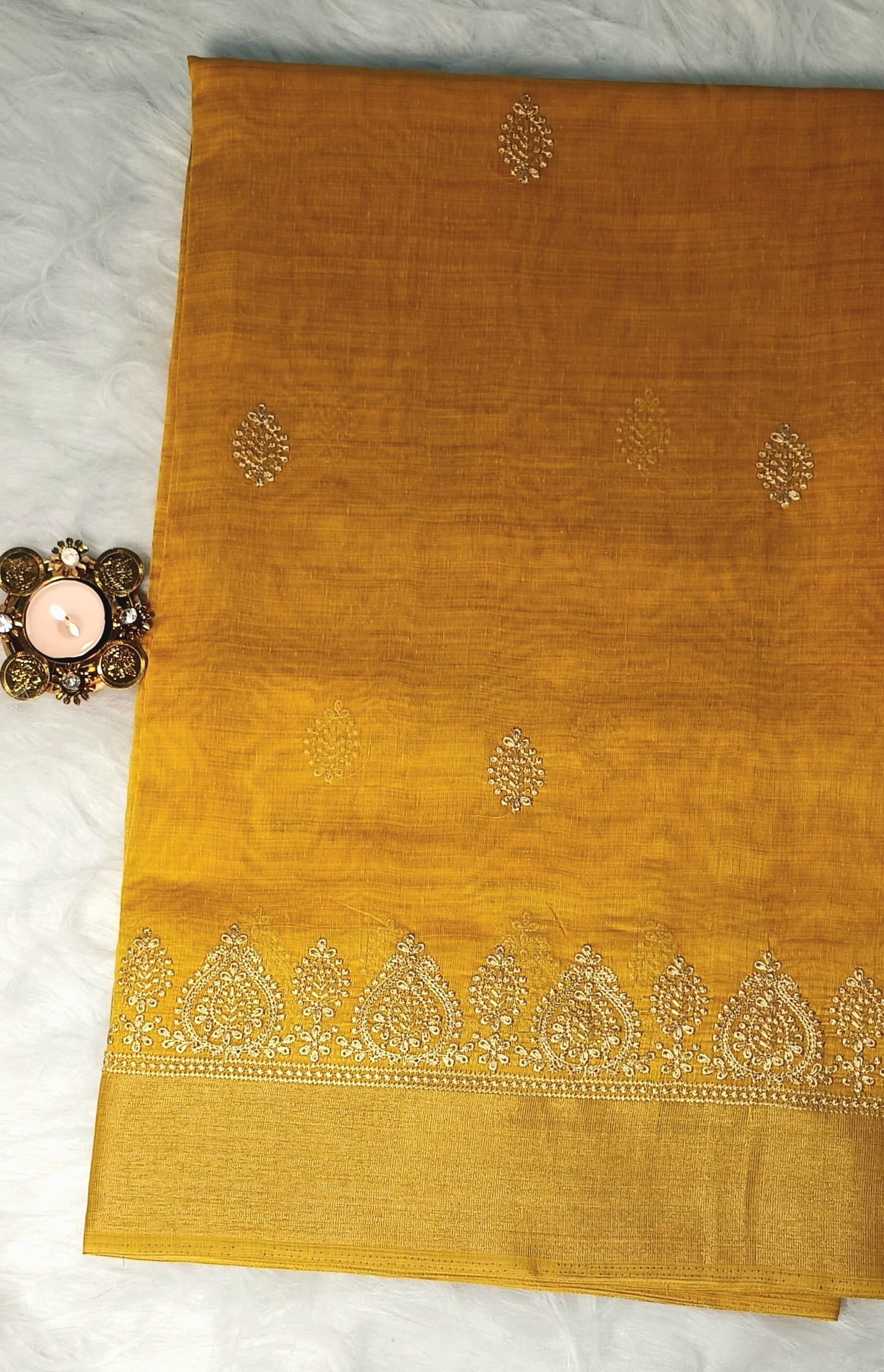 Golden Mustard Embroidered Soft Cotton Saree with Zari Border