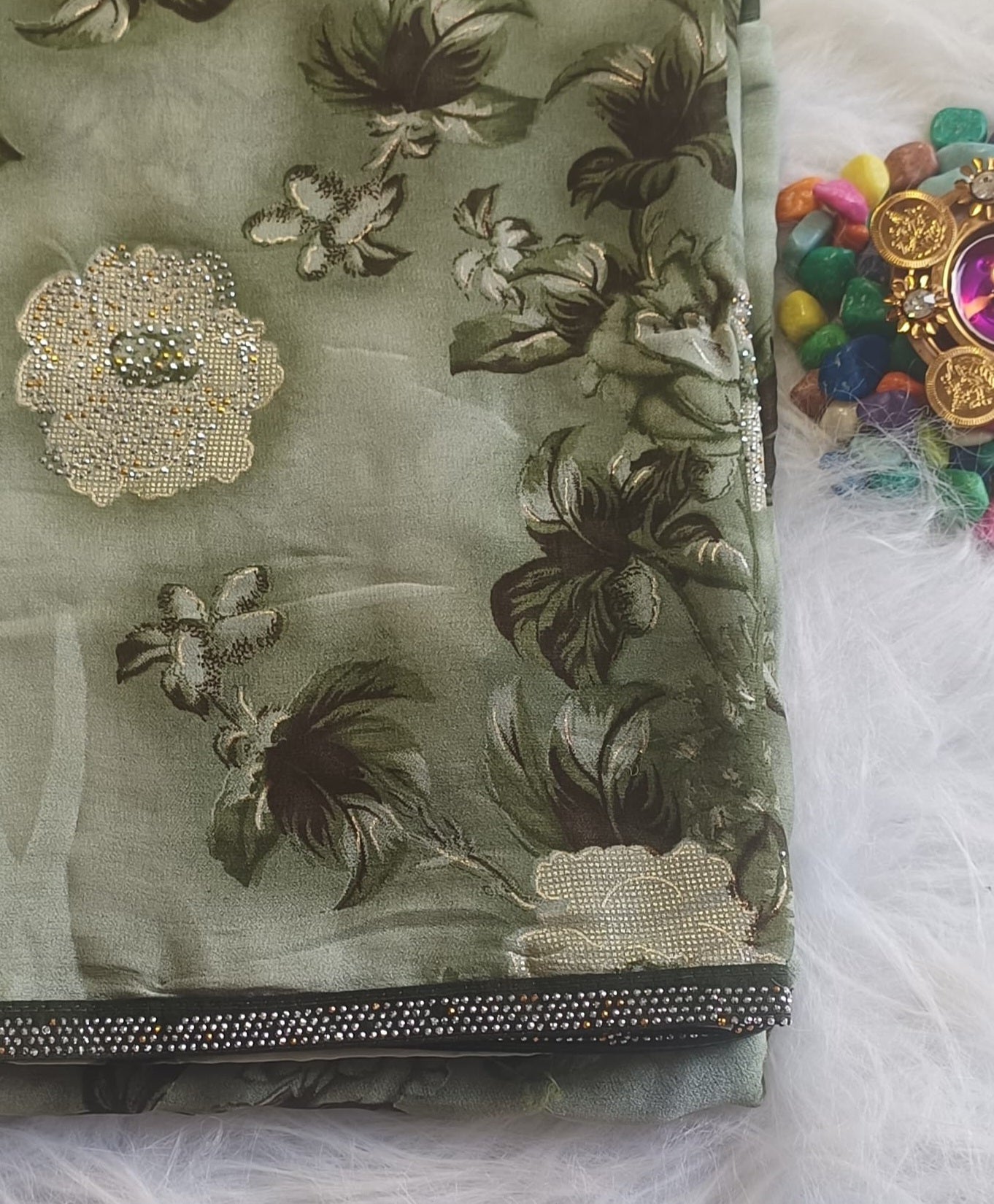 Sage Green Floral Printed Silk Saree with Crystal Border