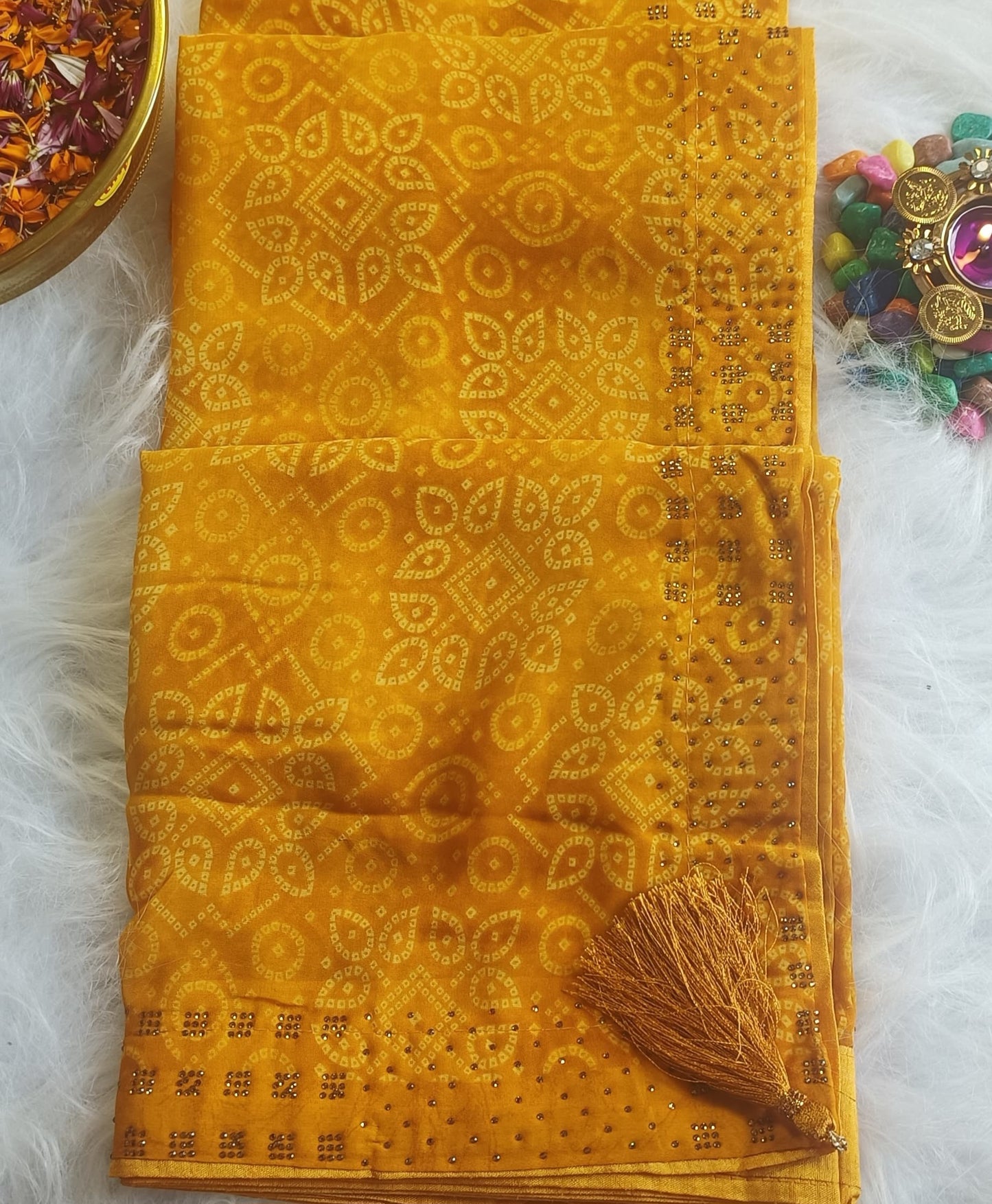 Golden Mustard Bandhani Silk Saree with Zari Detailing