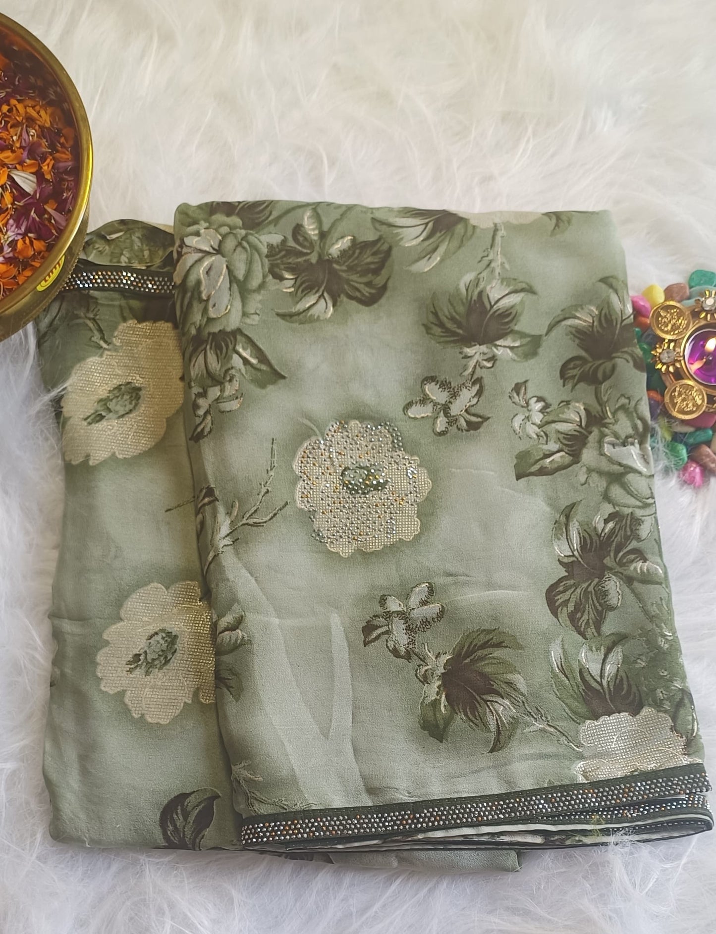 Sage Green Floral Printed Silk Saree with Crystal Border