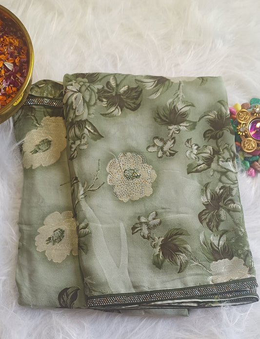 Sage Green Floral Printed Silk Saree with Crystal Border