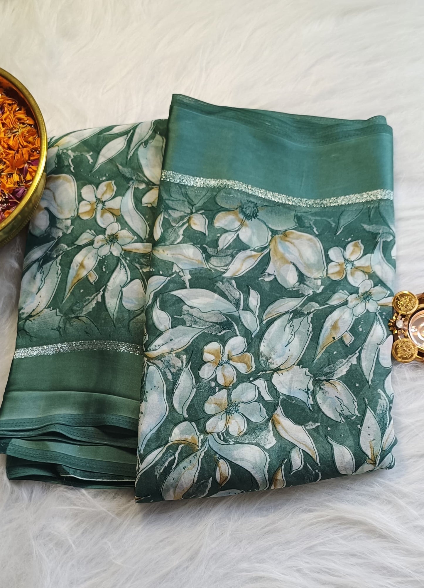 Green Blossom Soft Silk
Printed Saree