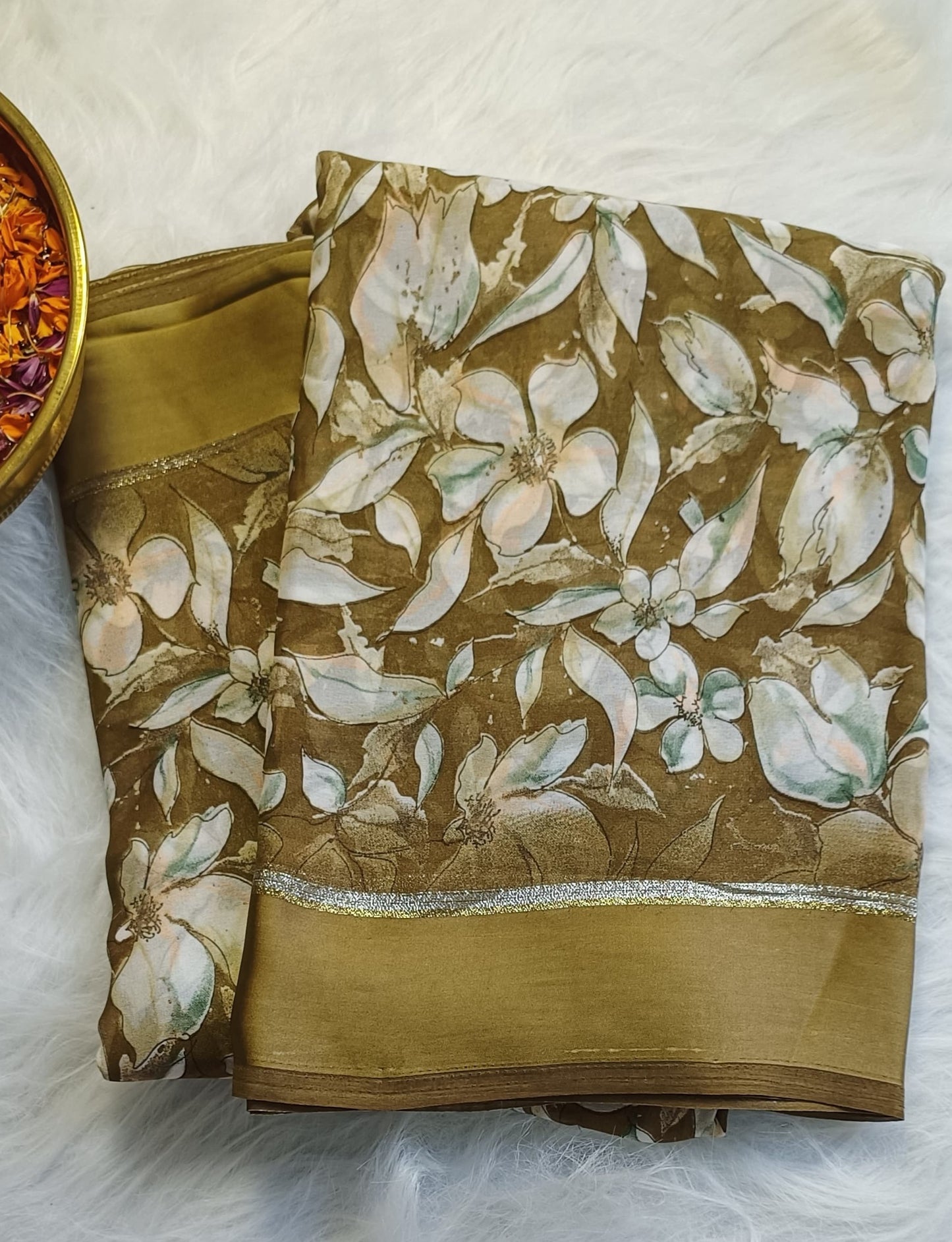 Golden Olive Floral Soft Silk Saree with Blouse