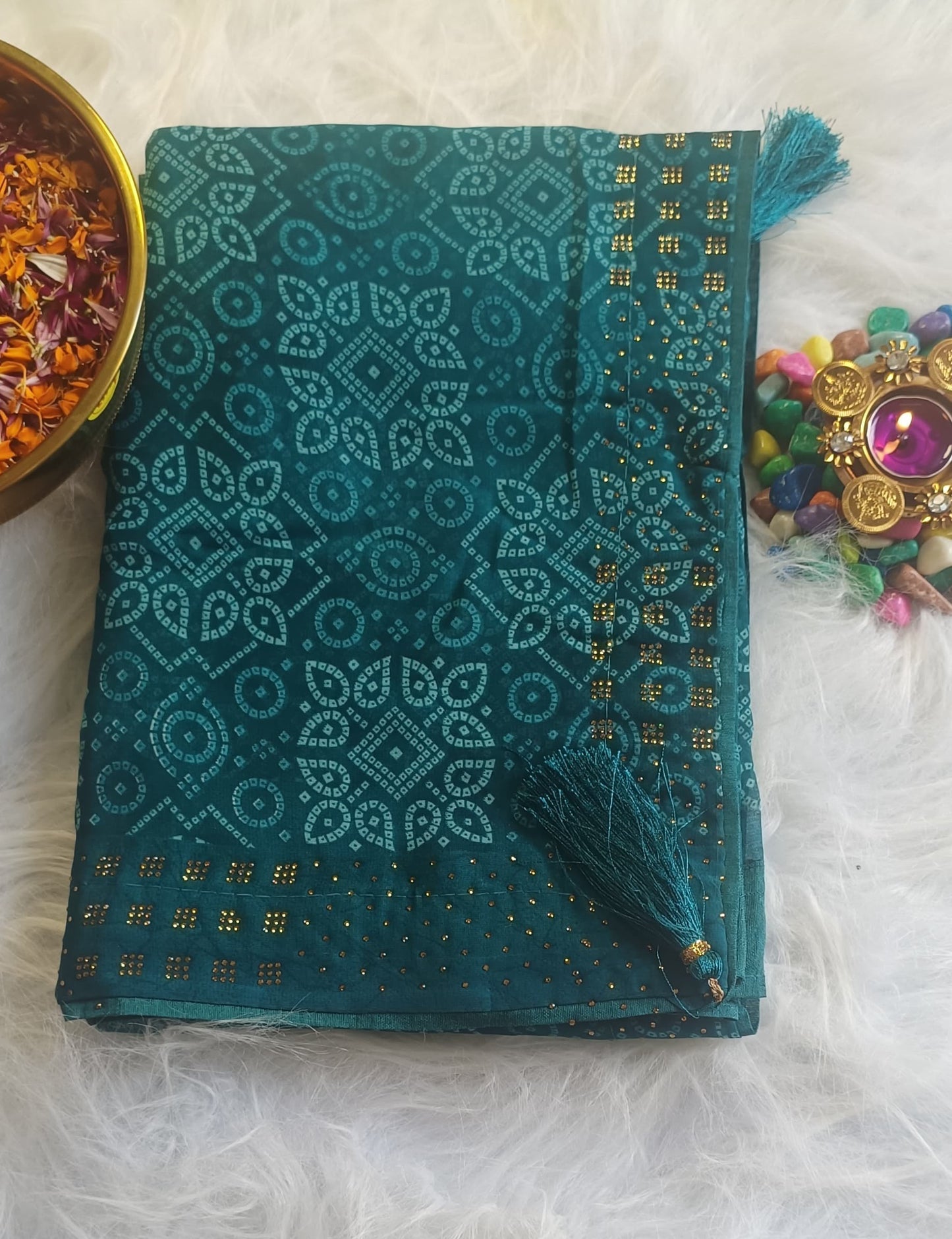 Emerald Teal Bandhani Silk Saree with Zari Detailing