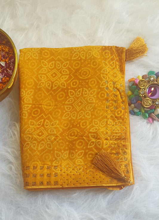 Golden Mustard Bandhani Silk Saree with Zari Detailing