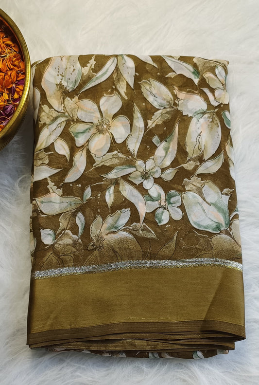 Golden Olive Floral Soft Silk Saree with Blouse