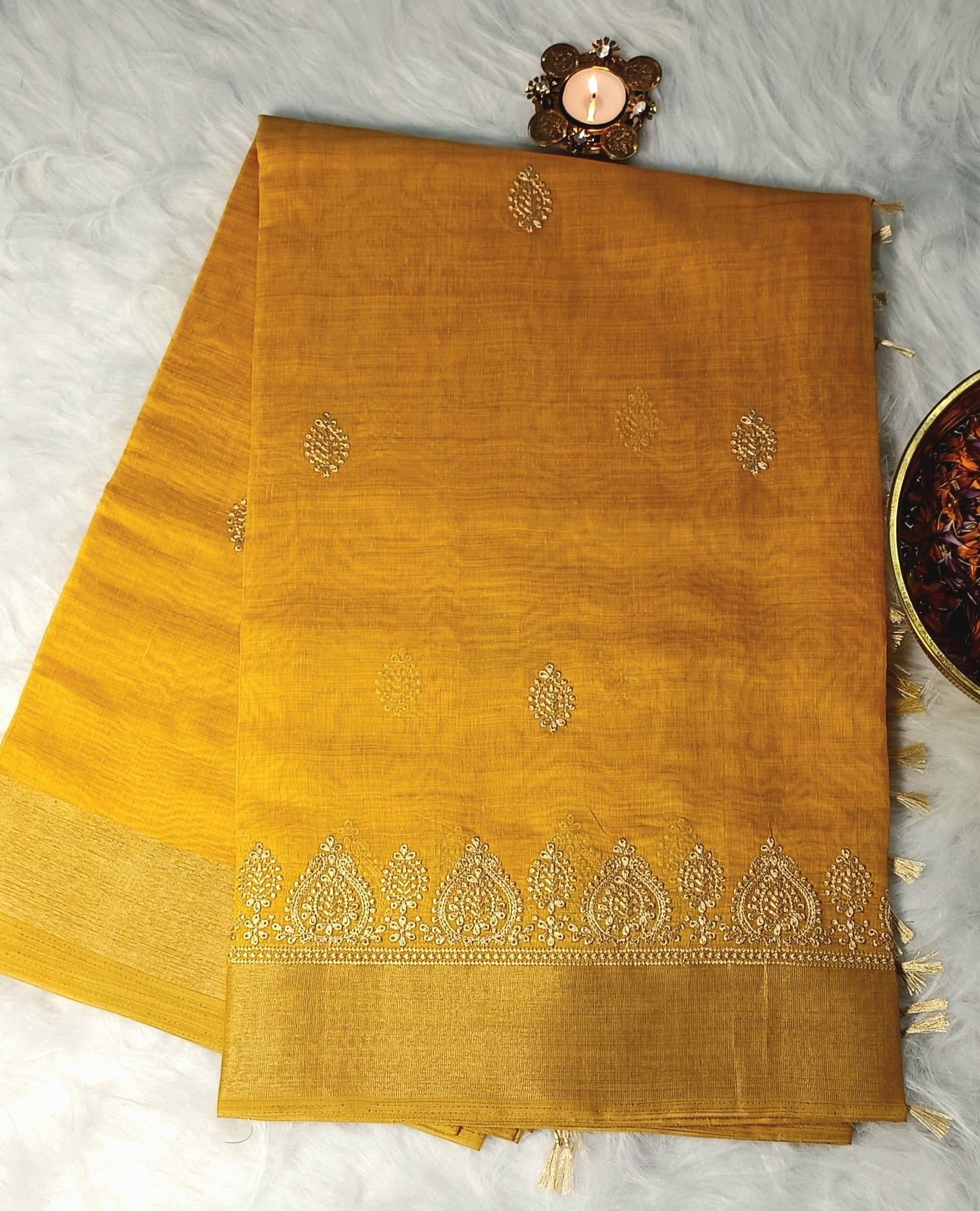 Golden Mustard Embroidered Soft Cotton Saree with Zari Border