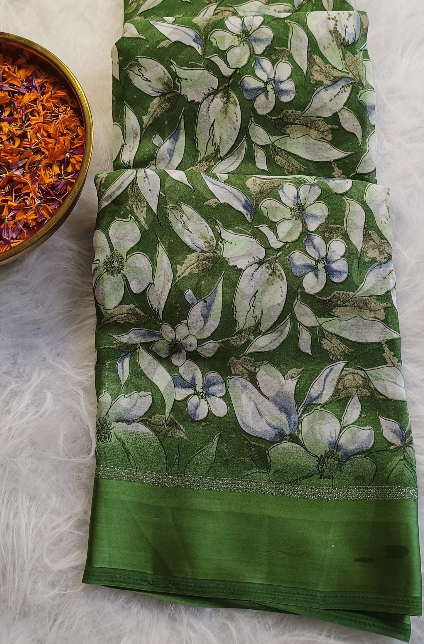 Emerald Bloom Soft Silk Printed Saree with Blouse