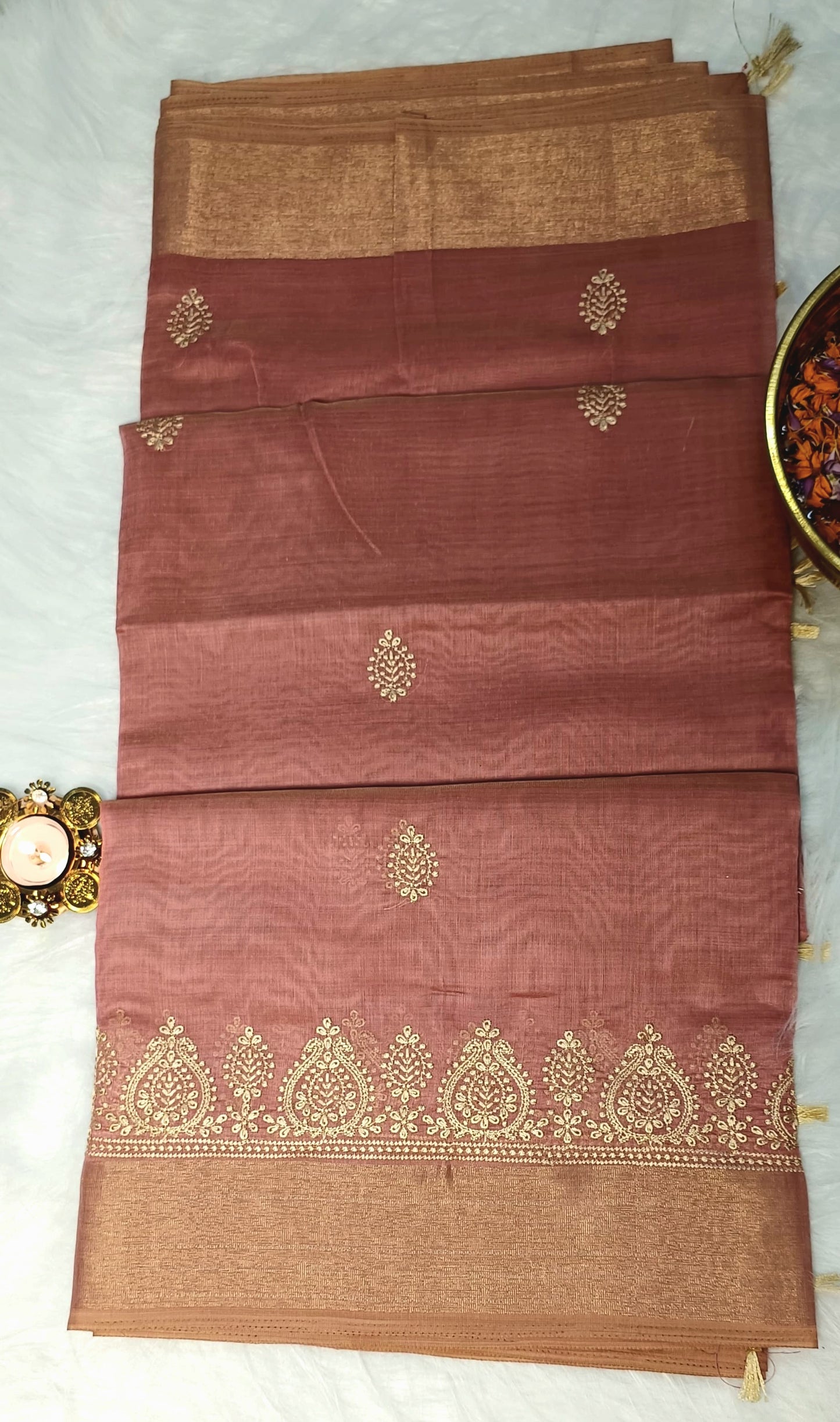 Rosewood Pink Cotton Saree with Zari & Embroidery