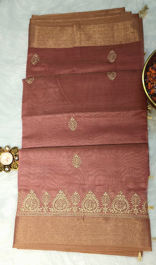 Rosewood Pink Cotton Saree with Zari & Embroidery