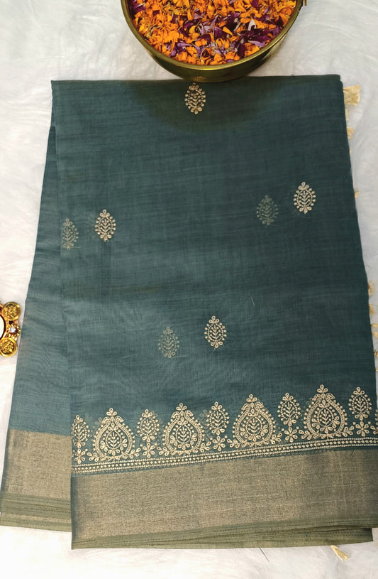 Teal Green Cotton Saree with Golden Embroidery & Zari Border