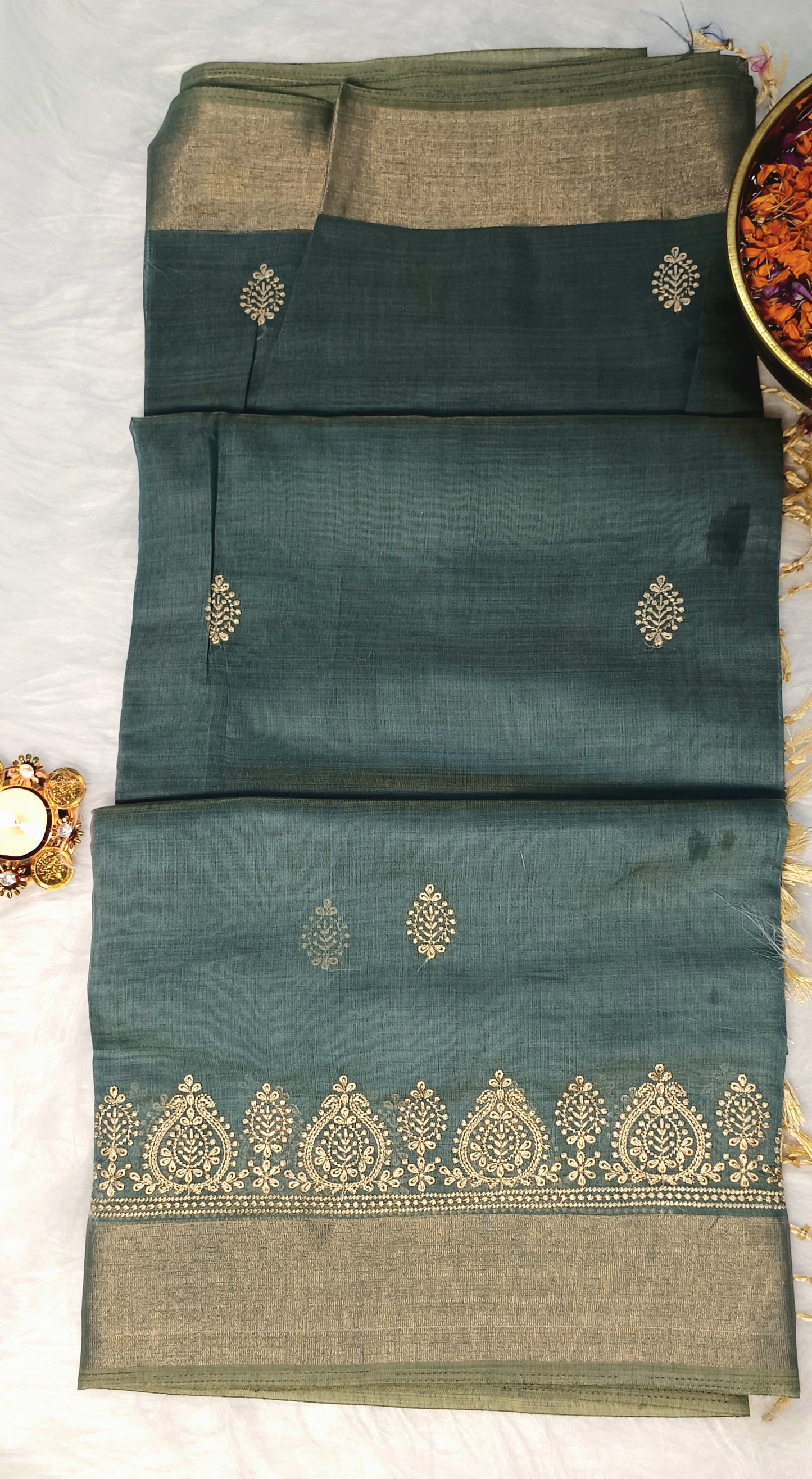 Teal Green Cotton Saree with Golden Embroidery & Zari Border