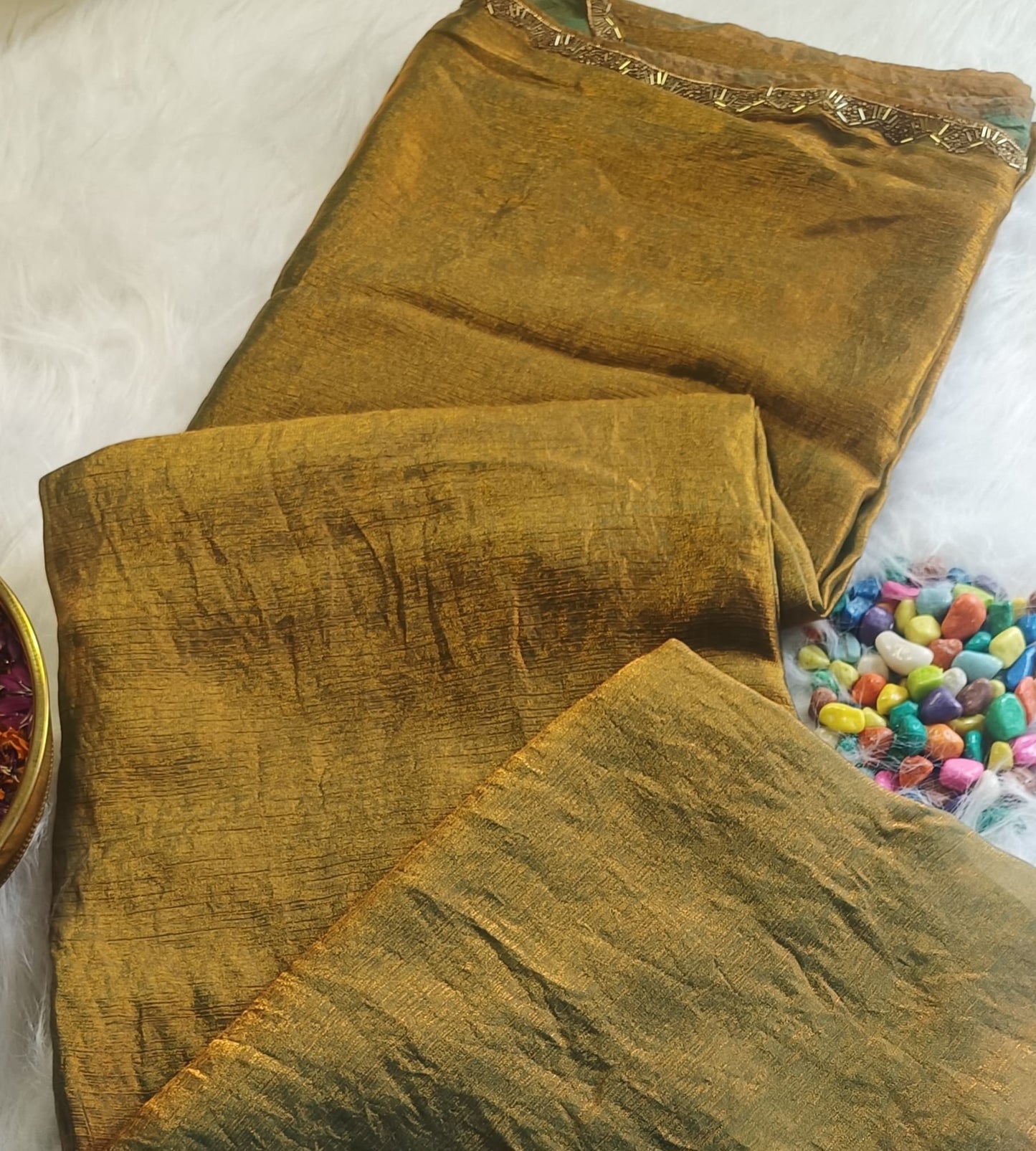 Antique Gold & Olive Dual-Tone Silk Saree