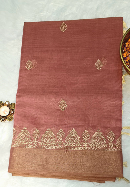 Rosewood Pink Cotton Saree with Zari & Embroidery
