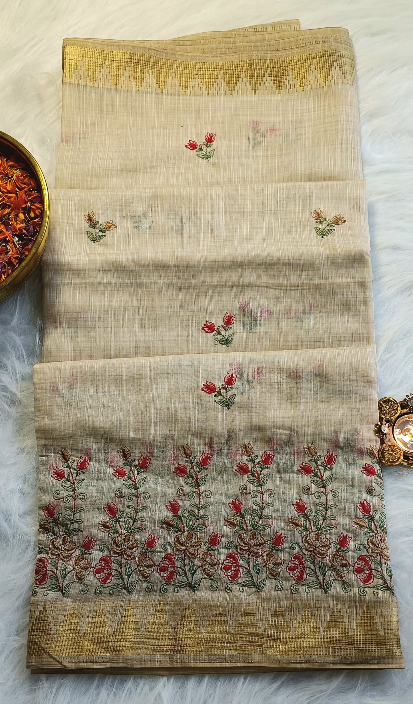 Beige Handloom Cotton Saree with Red & Gold Floral Embroidery
