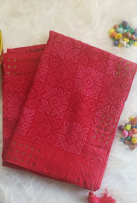 Crimson Charm Bandhani Saree with Stone Work