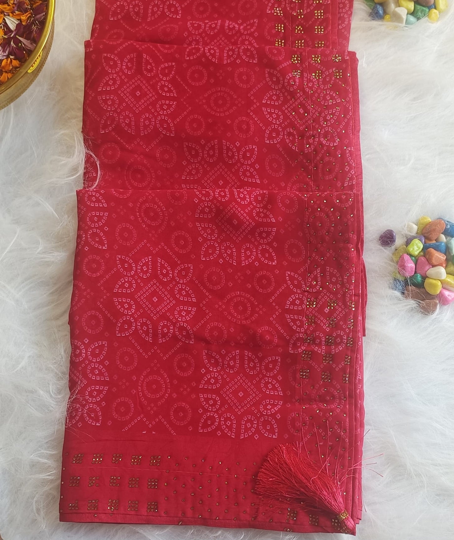 Crimson Charm Bandhani Saree with Stone Work