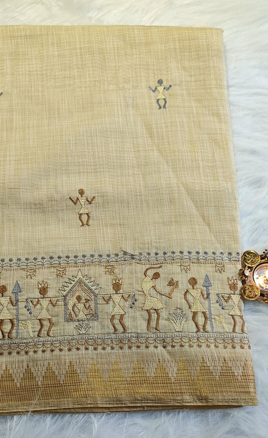 Beige Handloom Cotton Saree with Warli Art Embroidery & Golden Border