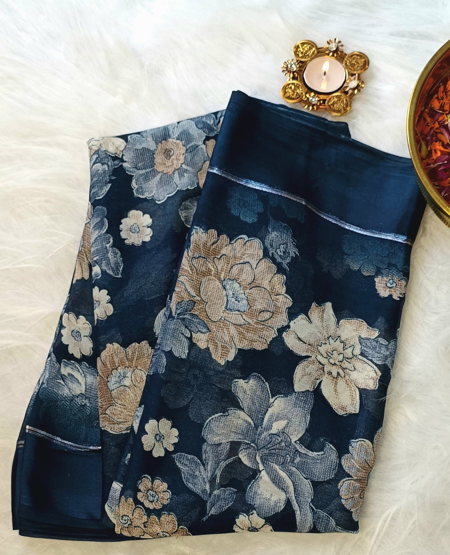 Midnight Blue Floral Printed Soft Silk Saree With Satin Border