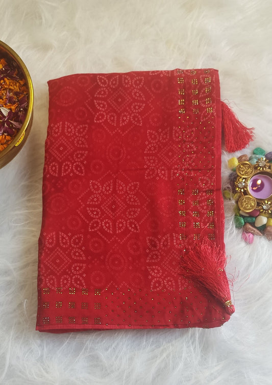 Regal Red Bandhani Silk Saree with Zari Detailing