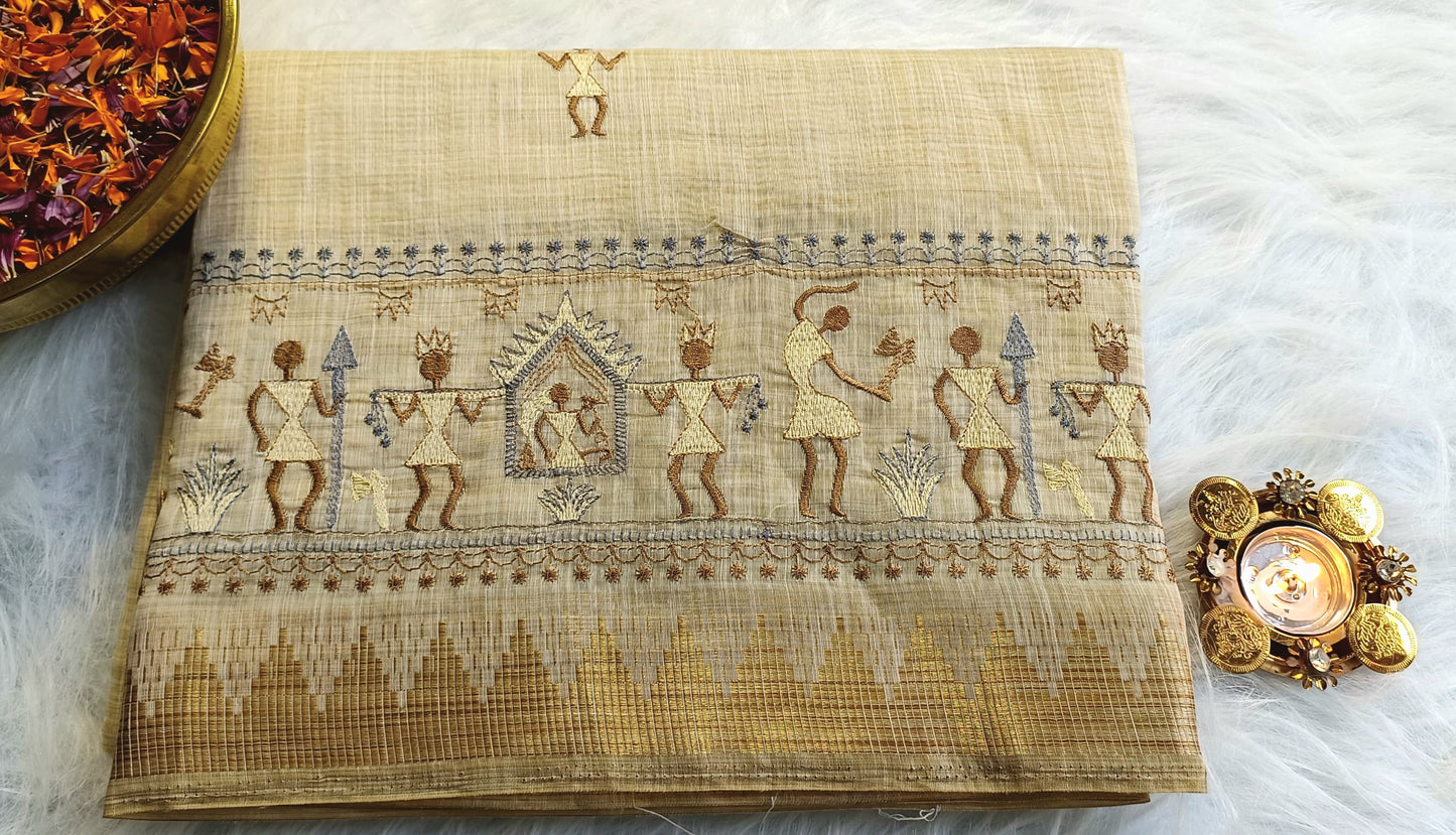 Beige Handloom Cotton Saree with Warli Art Embroidery & Golden Border