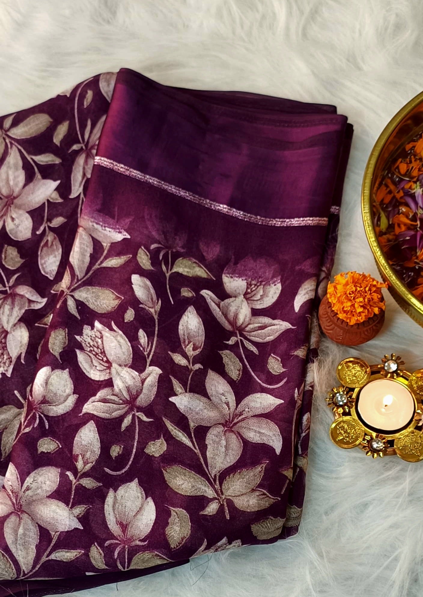 Plum Purple Floral Printed Soft Silk Saree with Satin Border