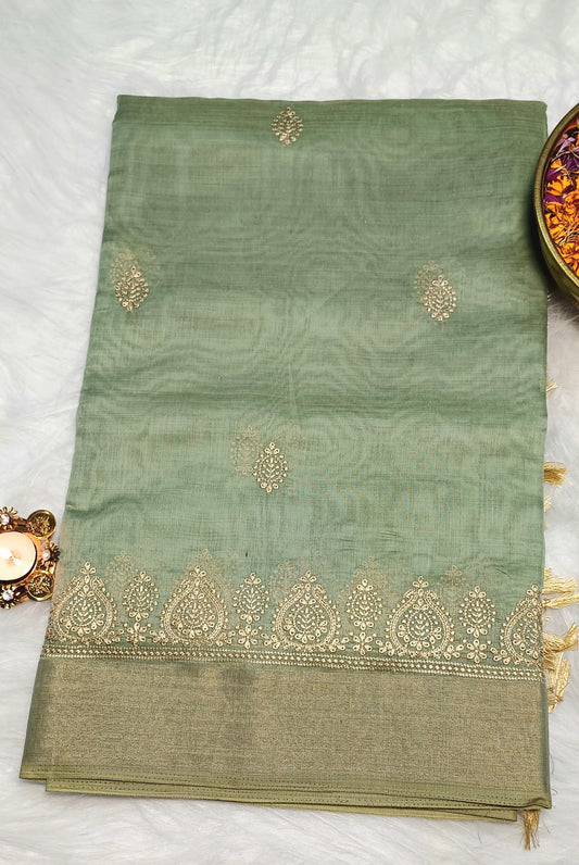 Pista Green Soft Cotton Saree with Golden Embroidery & Zari Border
