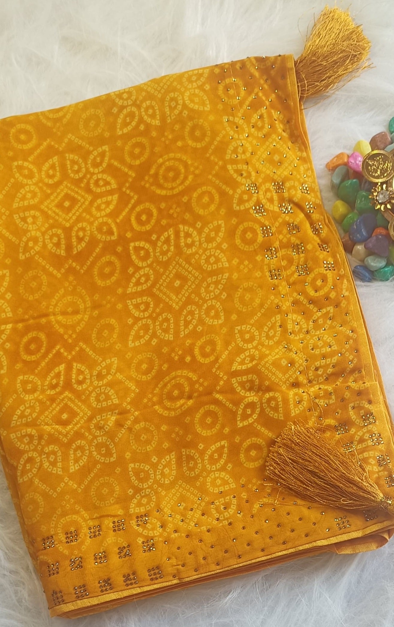 Golden Mustard Bandhani Silk Saree with Zari Detailing