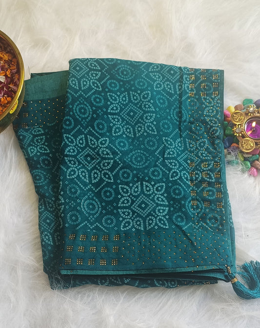 Emerald Teal Bandhani Silk Saree with Zari Detailing