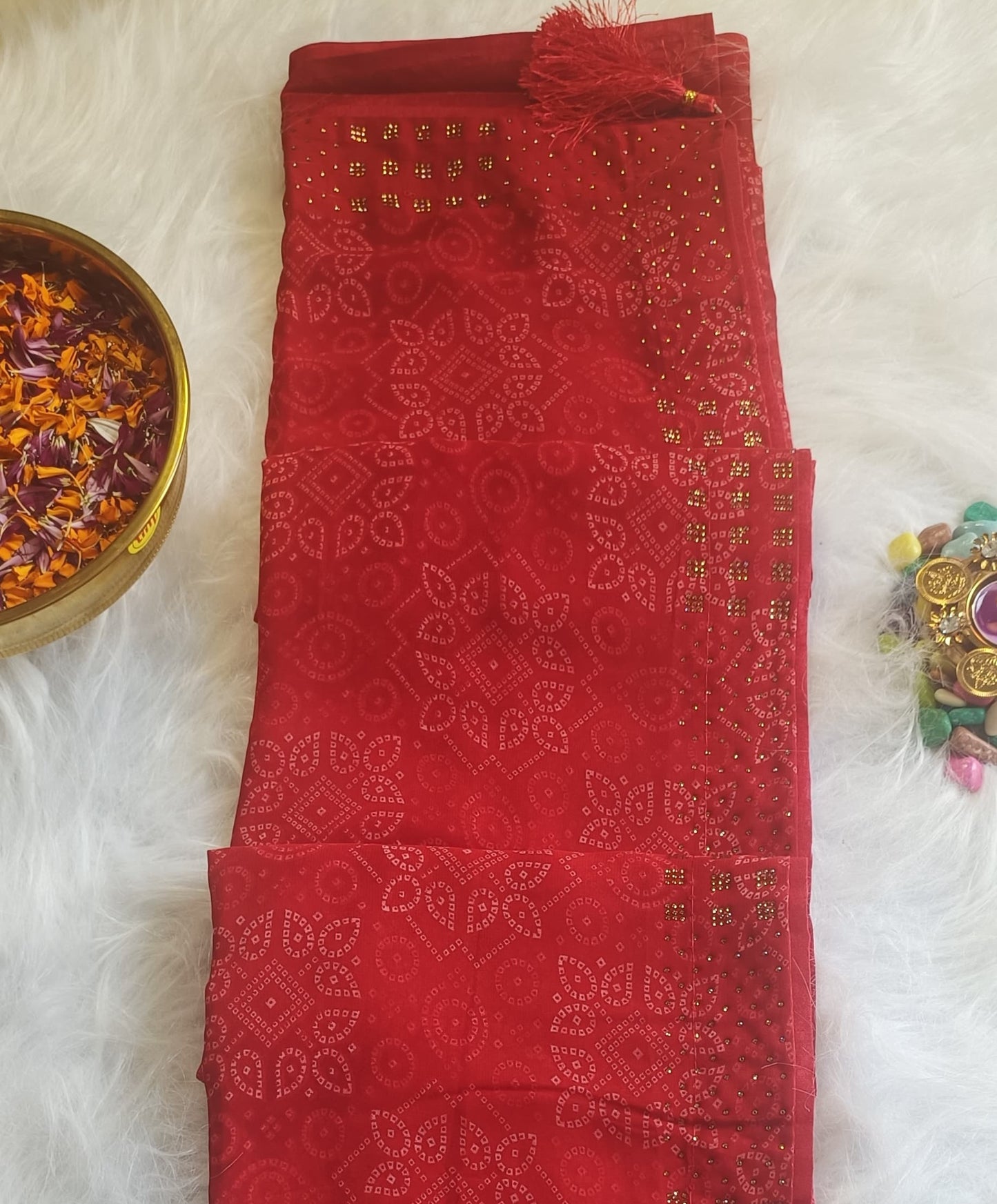 Regal Red Bandhani Silk Saree with Zari Detailing