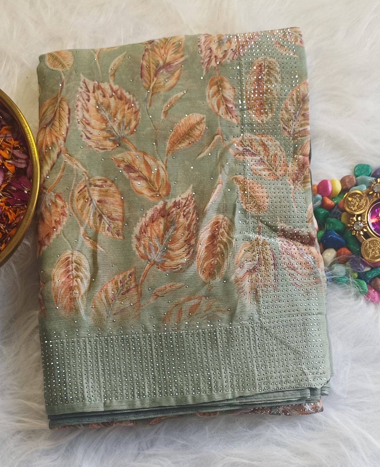 Sage Green Silk Saree with Autumn Leaf Weave & Crystal Accents