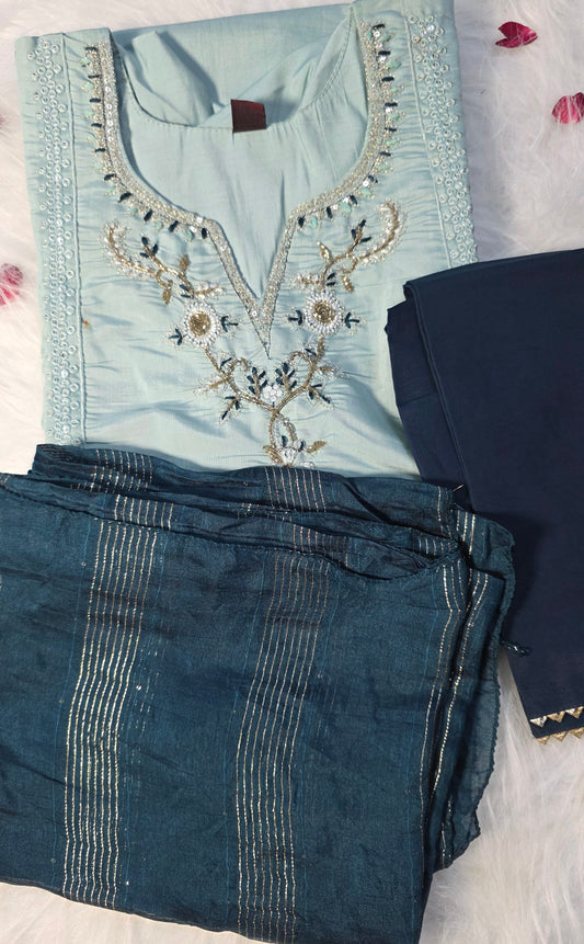Elegant Sky Blue Embroidered Suit Set