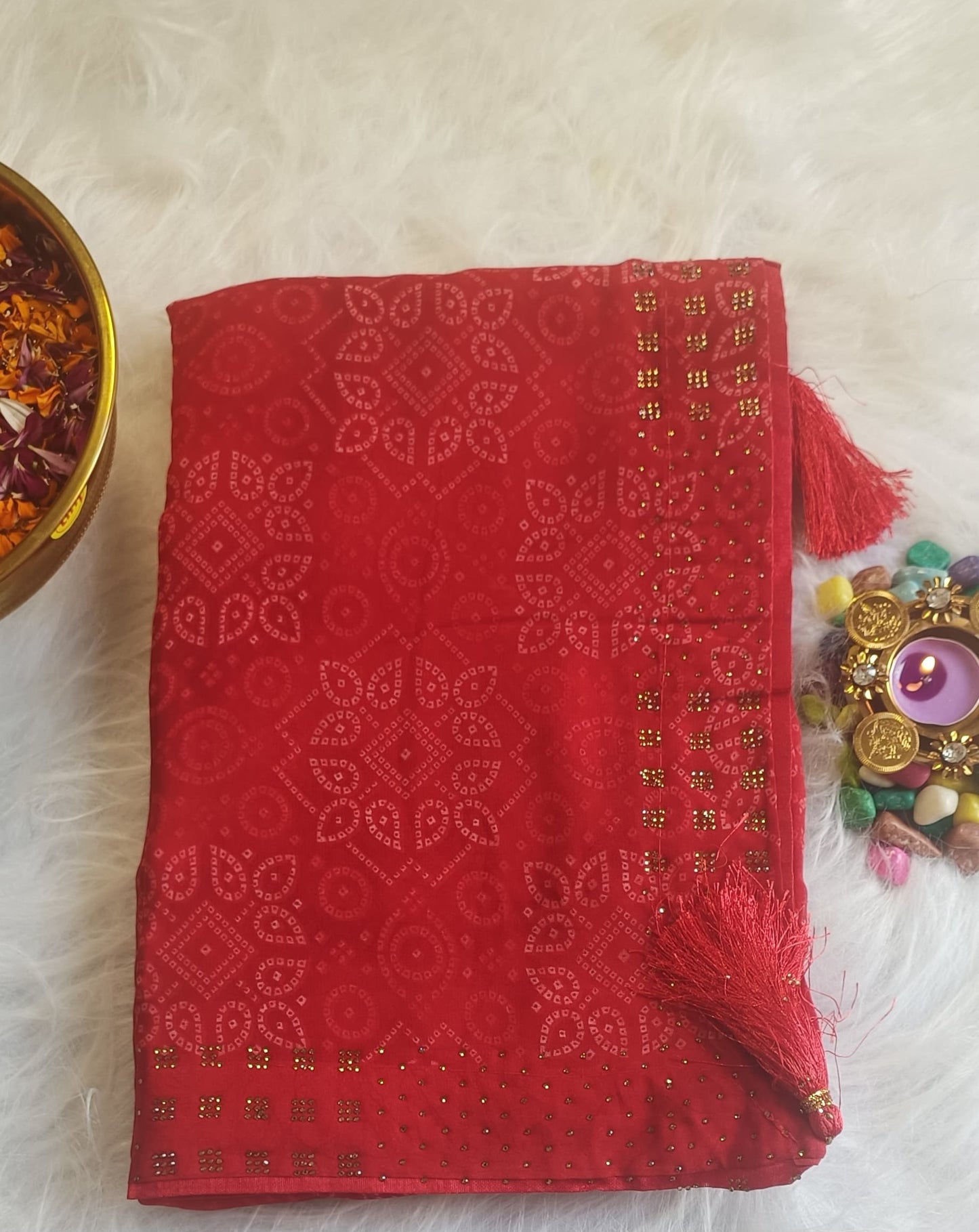 Regal Red Bandhani Silk Saree with Zari Detailing