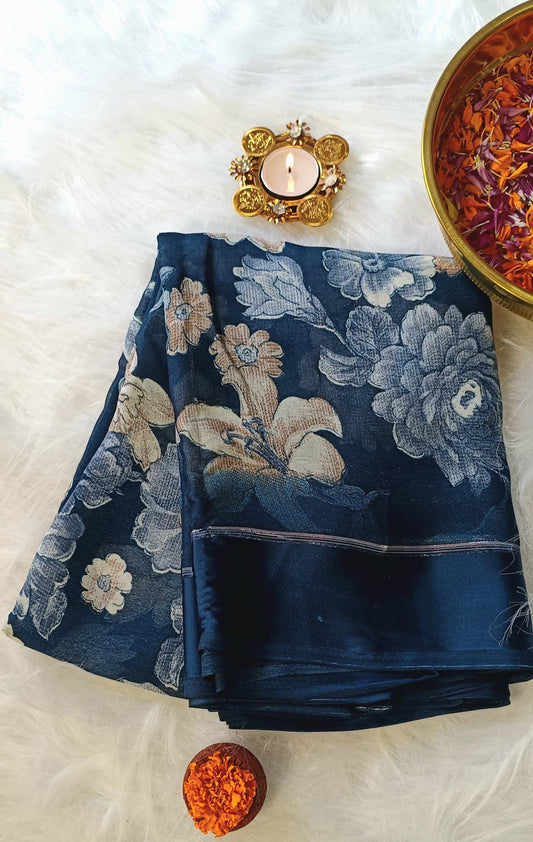 Midnight Blue Floral Printed Soft Silk Saree With Satin Border