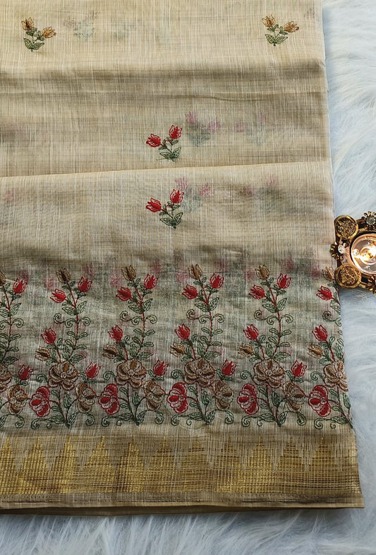 Beige Handloom Cotton Saree with Red & Gold Floral Embroidery