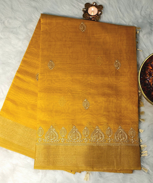Golden Mustard Embroidered Soft Cotton Saree with Zari Border