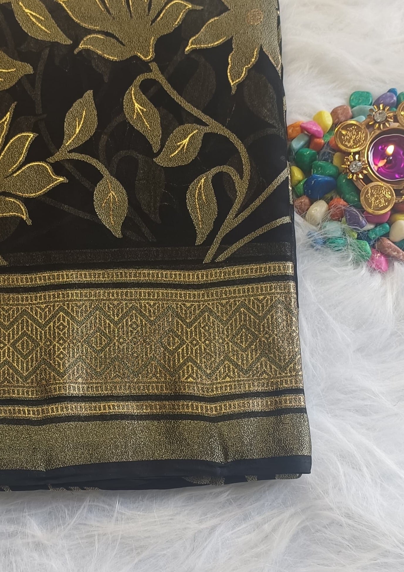 Black Organza Saree with Antique Gold Floral Weave