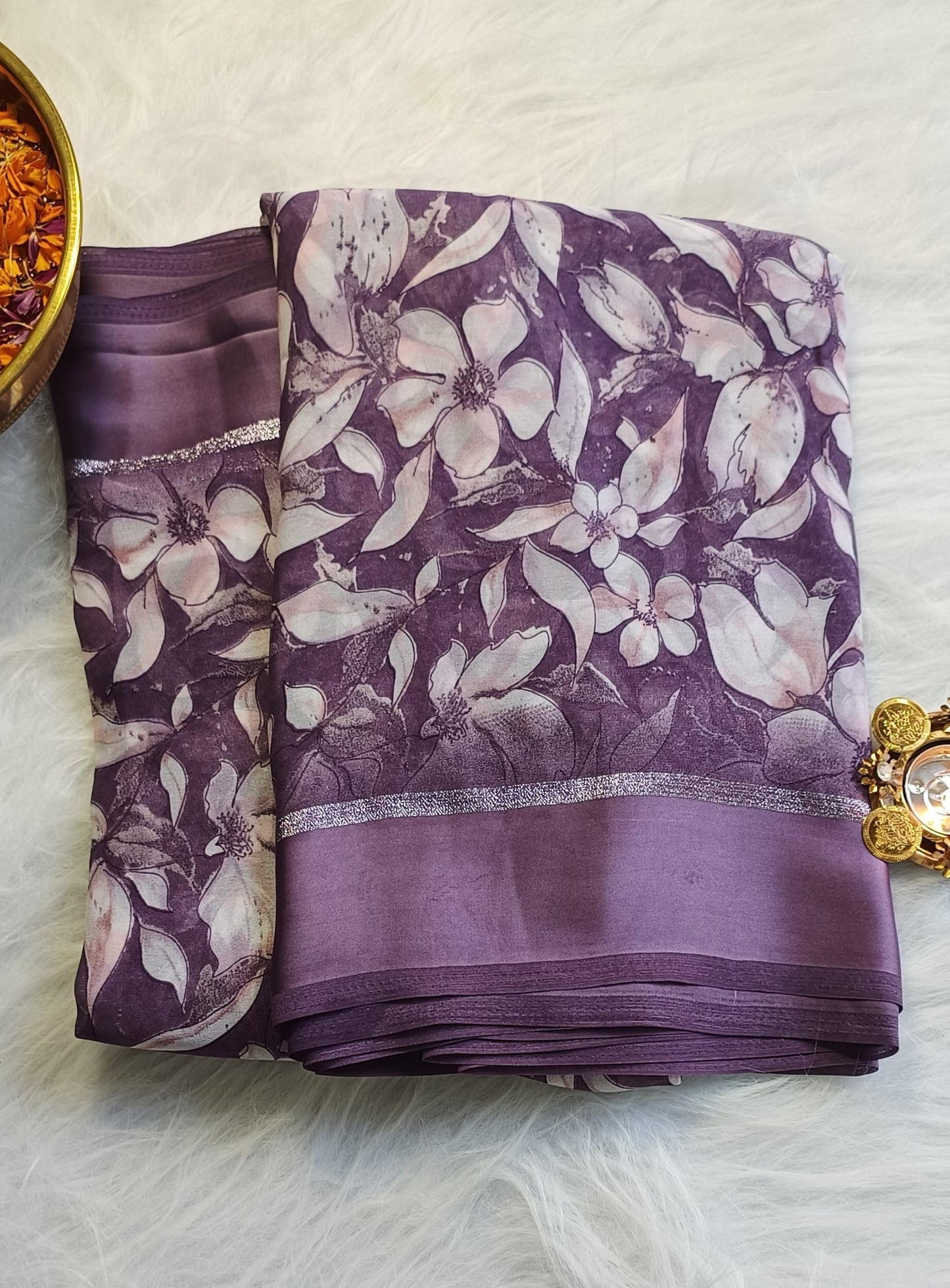 Purple Blossom Soft Silk
Printed Saree