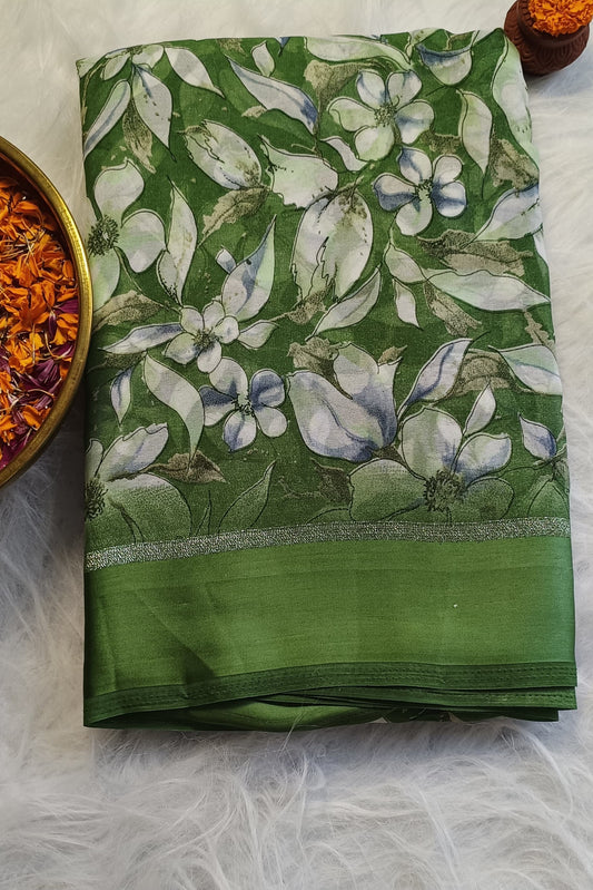Emerald Bloom Soft Silk Printed Saree with Blouse