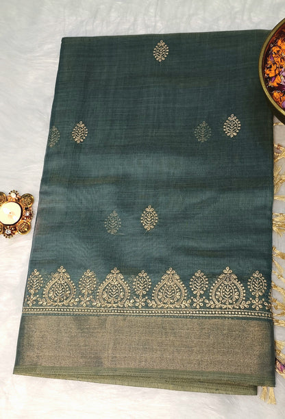 Teal Green Cotton Saree with Golden Embroidery & Zari Border