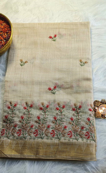 Beige Handloom Cotton Saree with Red & Gold Floral Embroidery
