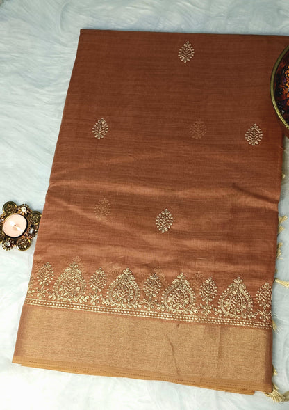 Copper Brown Embroidered Soft Cotton Saree with Zari Border