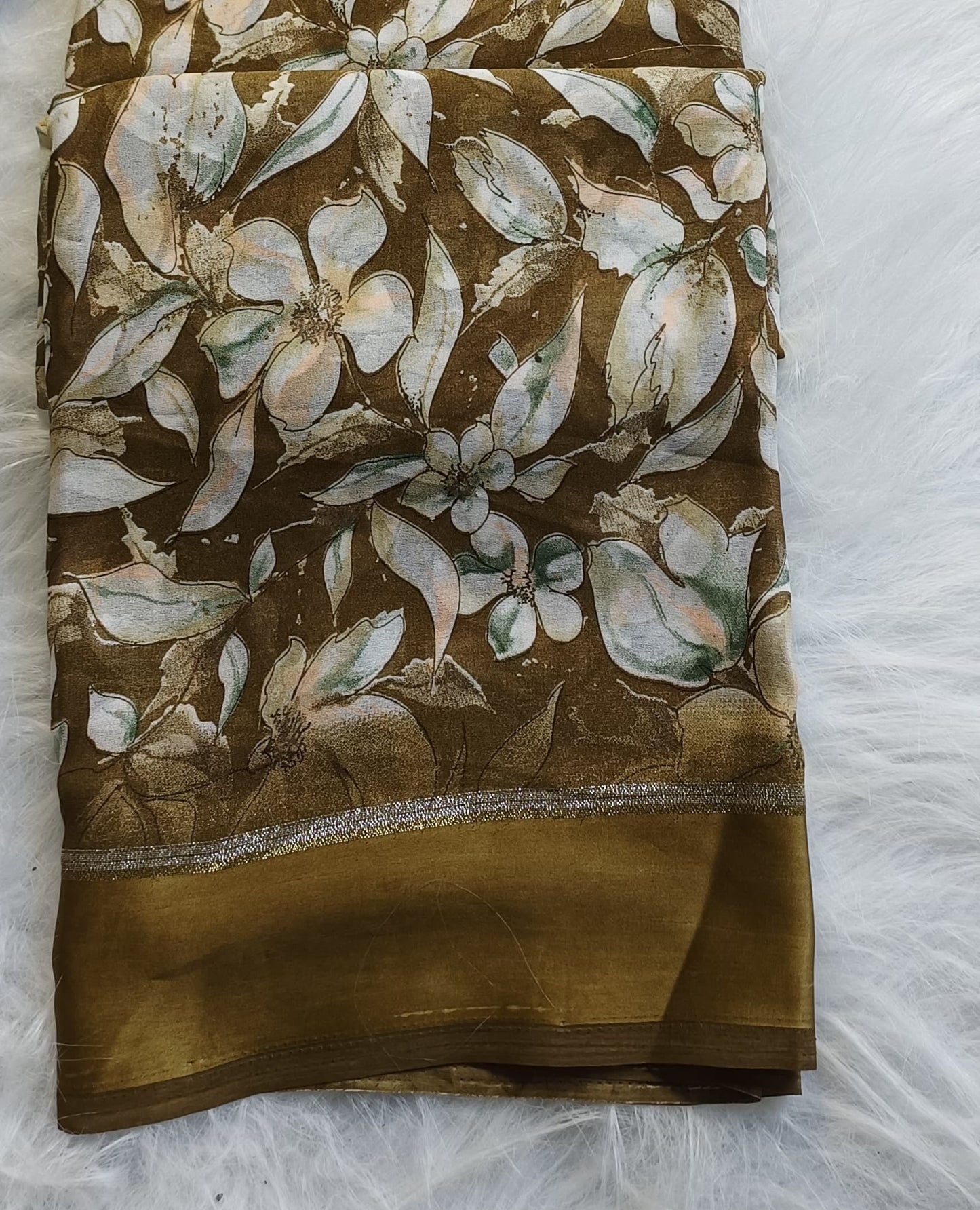 Golden Olive Floral Soft Silk Saree with Blouse